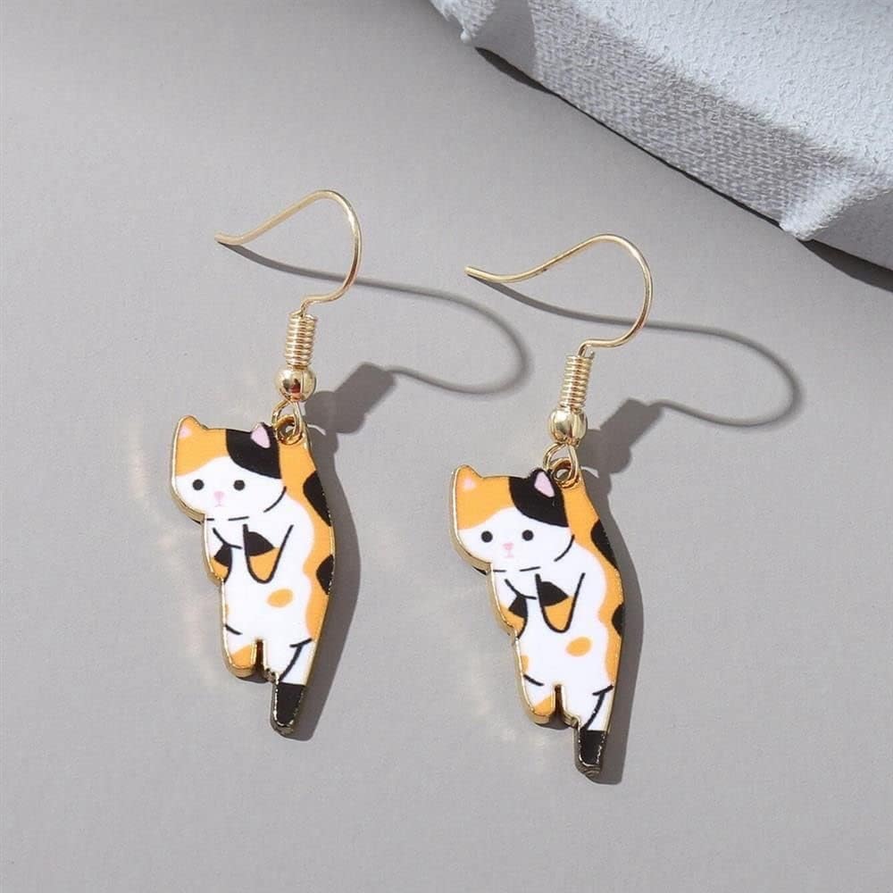 Calico Cat Dangle Drop Earrings